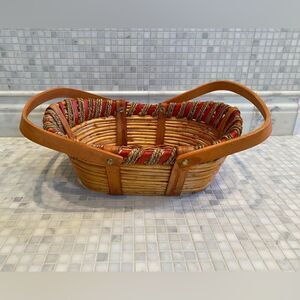 Rattan Wicker Basket with Handles and Red Accents